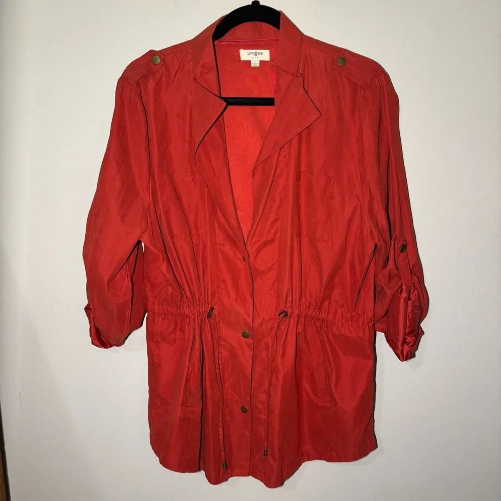 Umgee Red Utility Jacket with Relaxed‎ Fit and Open Front Drapey